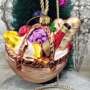 Blown Glass Picnic Wine Basket Christmas Ornament - Fruit Bread Grapes